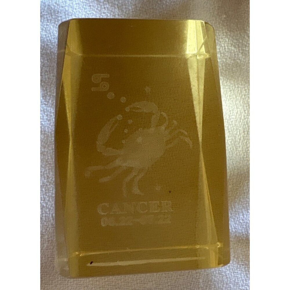 Cancer Zodiac Crystal Paperweight Yellow Engraved Glass Rectangular Astrology De
